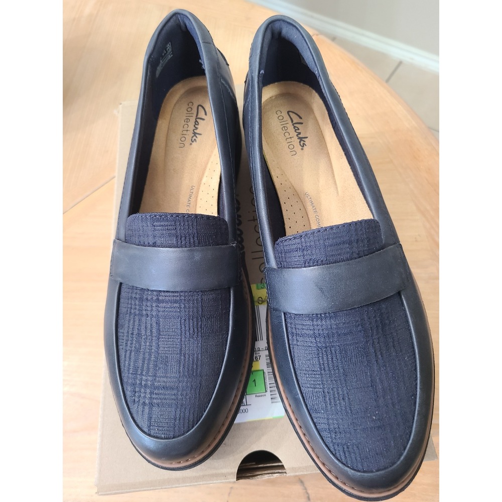 Clarks Sharon Graci Wedge Loafers Womens 10 Navy Leather Plaid Comfort shoes